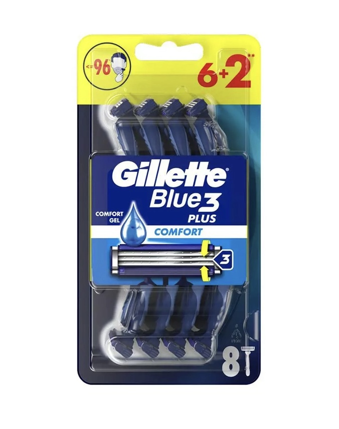 تیغ اصلاح 3 لبه ژیلت سری Blue 3 بلو تری مدل comfort کامفورت بسته ی ۸ عددی با ضمانت اورجینال